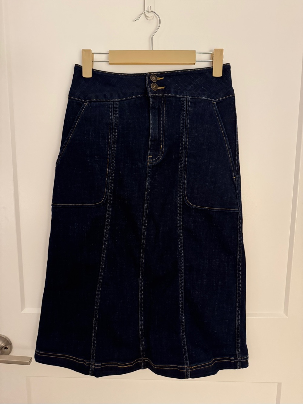 Women's Dark Blue Denim Midi Skirt with Contrast Stitching